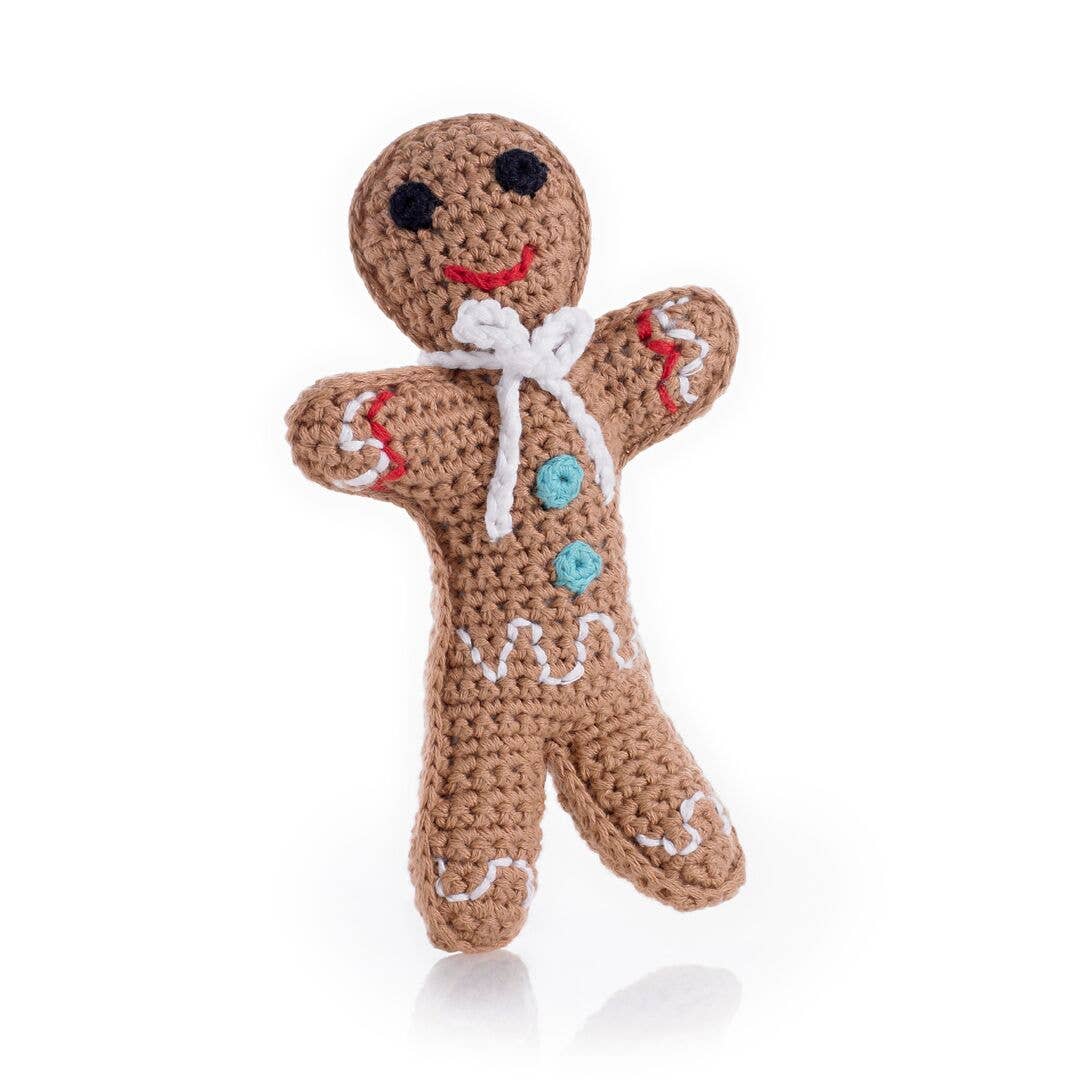 Precious Days Gifts handmade crocheted gingerbread man baby rattle with colourful button details and white trim