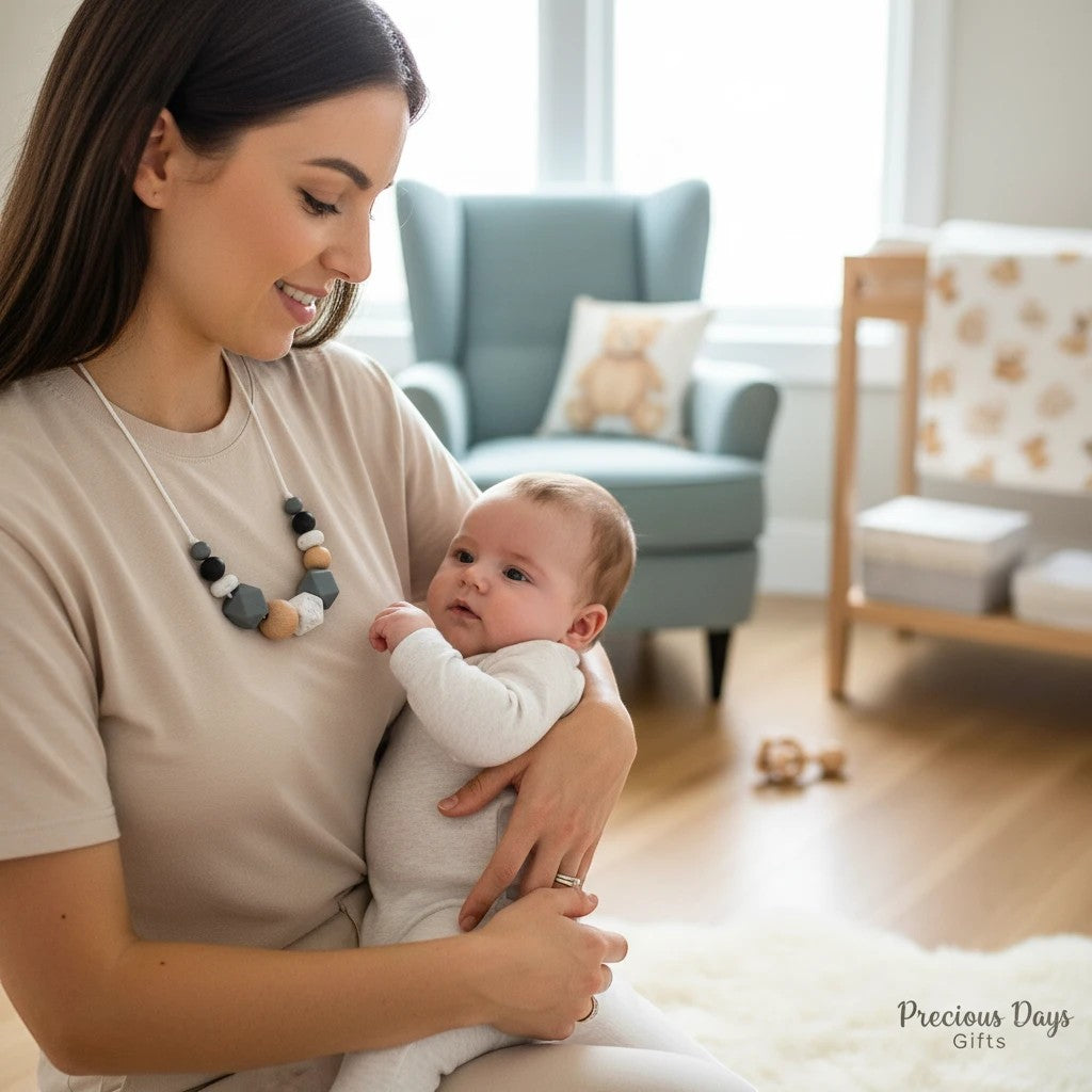 Precious Days Gifts grey mist silicone and wood teething necklace for moms, with a break-away clasp.