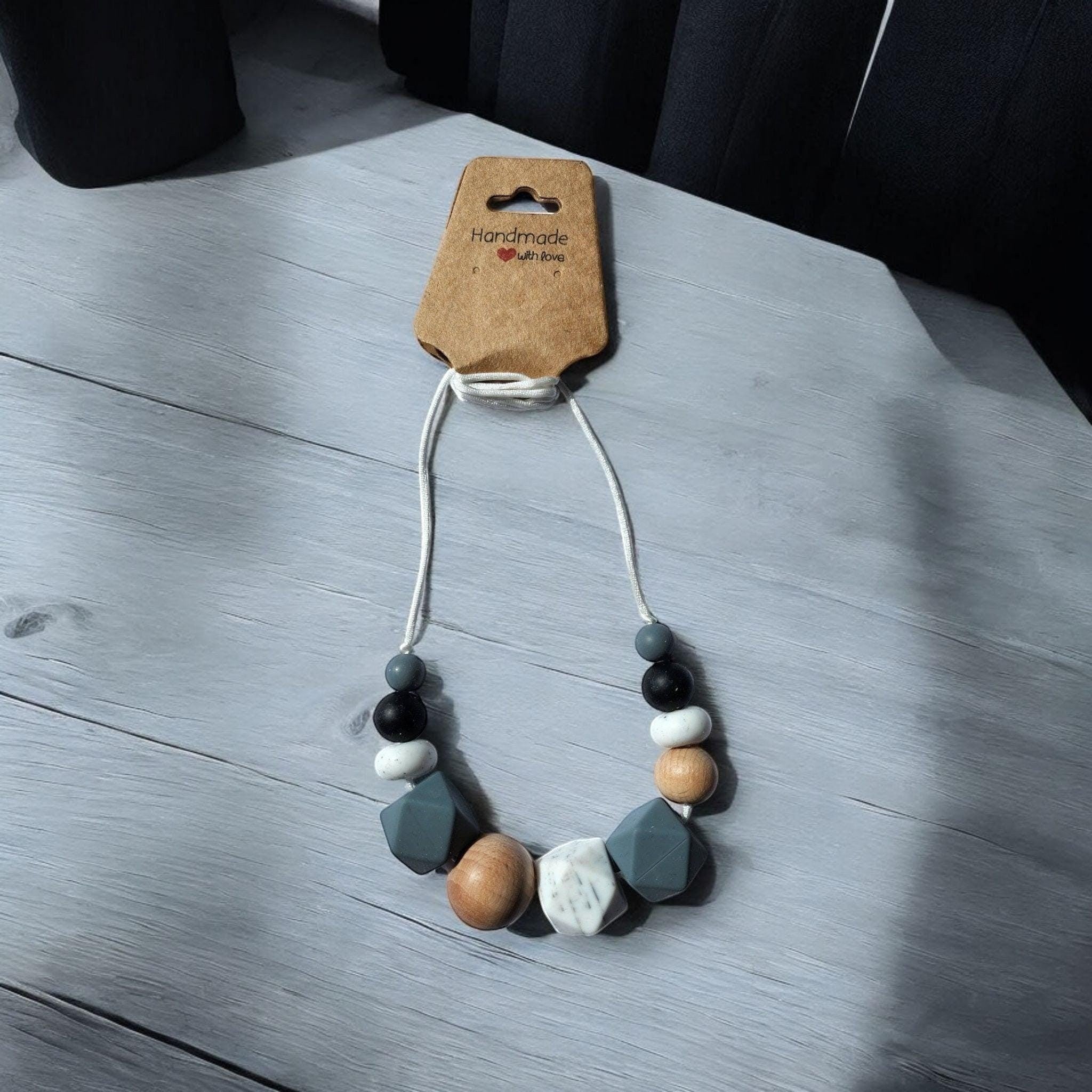 Precious Days Gifts Grey Mist silicone teething necklace with wood beads, BPA-free, food-grade, and non-toxic.