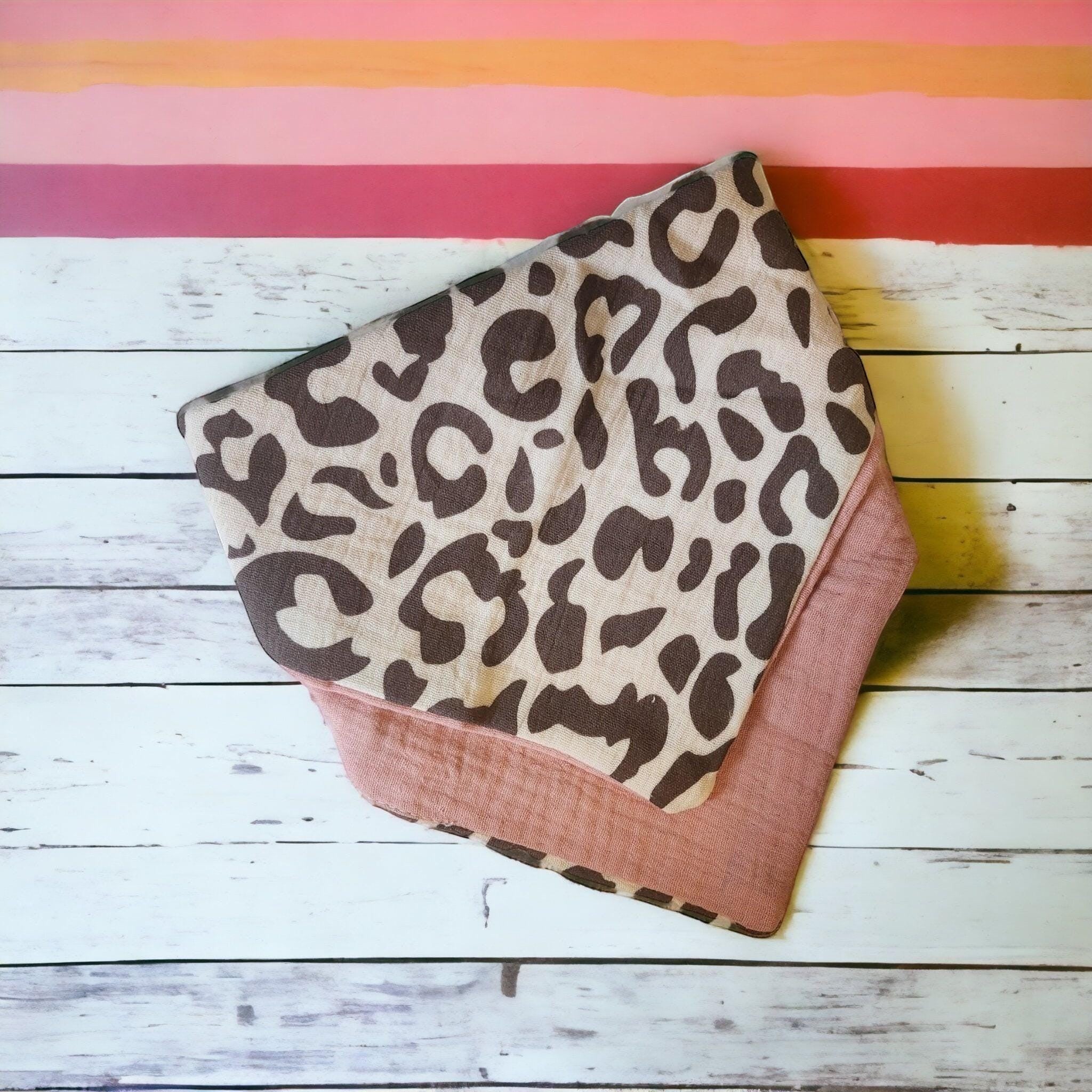 Precious Days Gifts soft muslin baby bib with leopard print and dusty rose backing. Lightweight & absorbent.