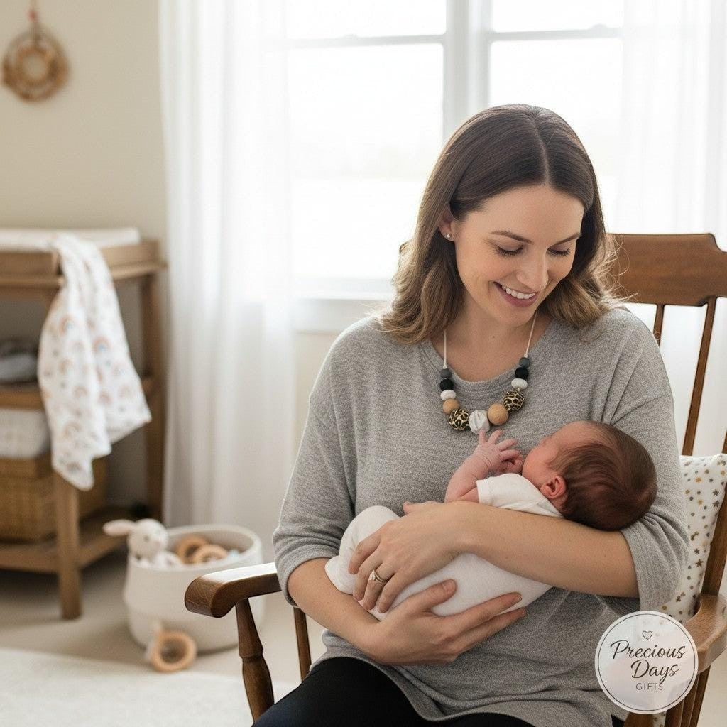 Precious Days Gifts handmade teething necklace with leopard print, black, white, and wood beads for nursing mothers.