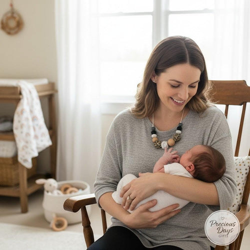 Precious Days Gifts handmade teething necklace with leopard print, black, white, and wood beads for nursing mothers.