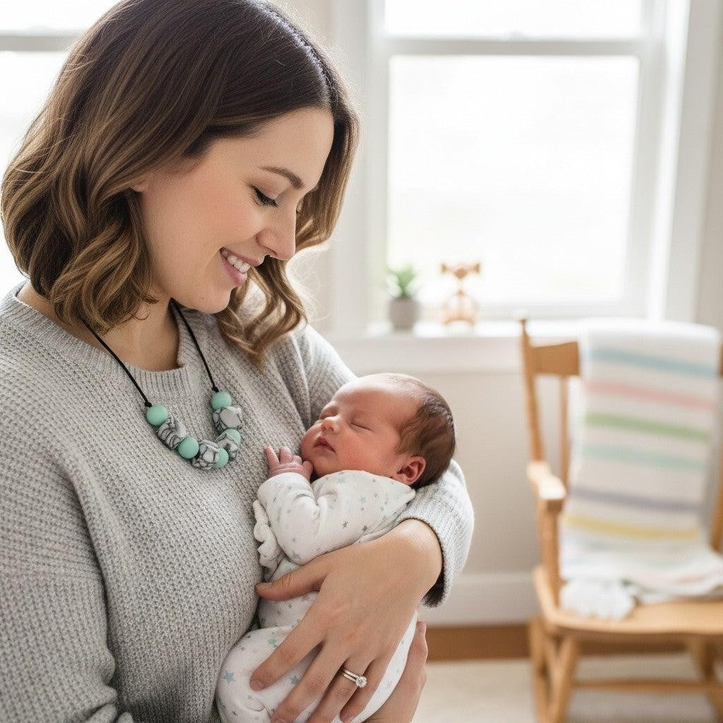 Precious Days Gifts mint marble silicone teething necklace worn by a smiling mother holding her baby.