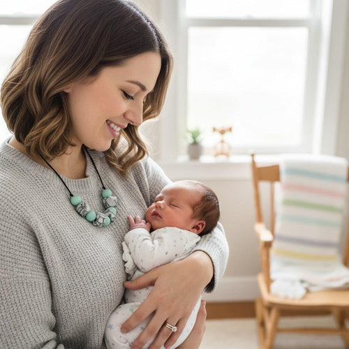 Precious Days Gifts mint marble silicone teething necklace worn by a smiling mother holding her baby.