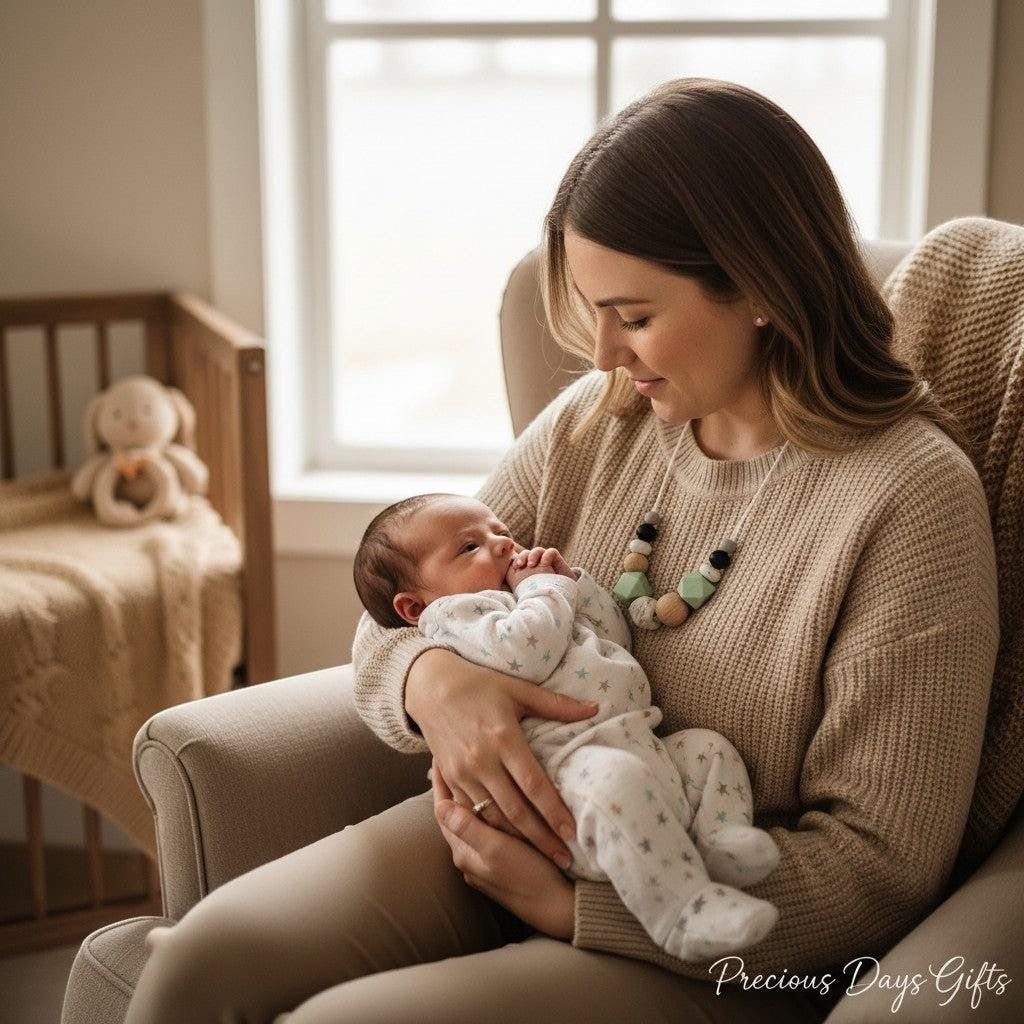 Precious Days Gifts mint green, natural wood, and grey silicone bead teething necklace for moms.