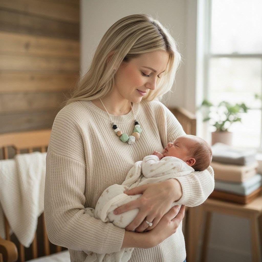 Precious Days Gifts mint and natural wood teething necklace worn by a mother holding her baby.