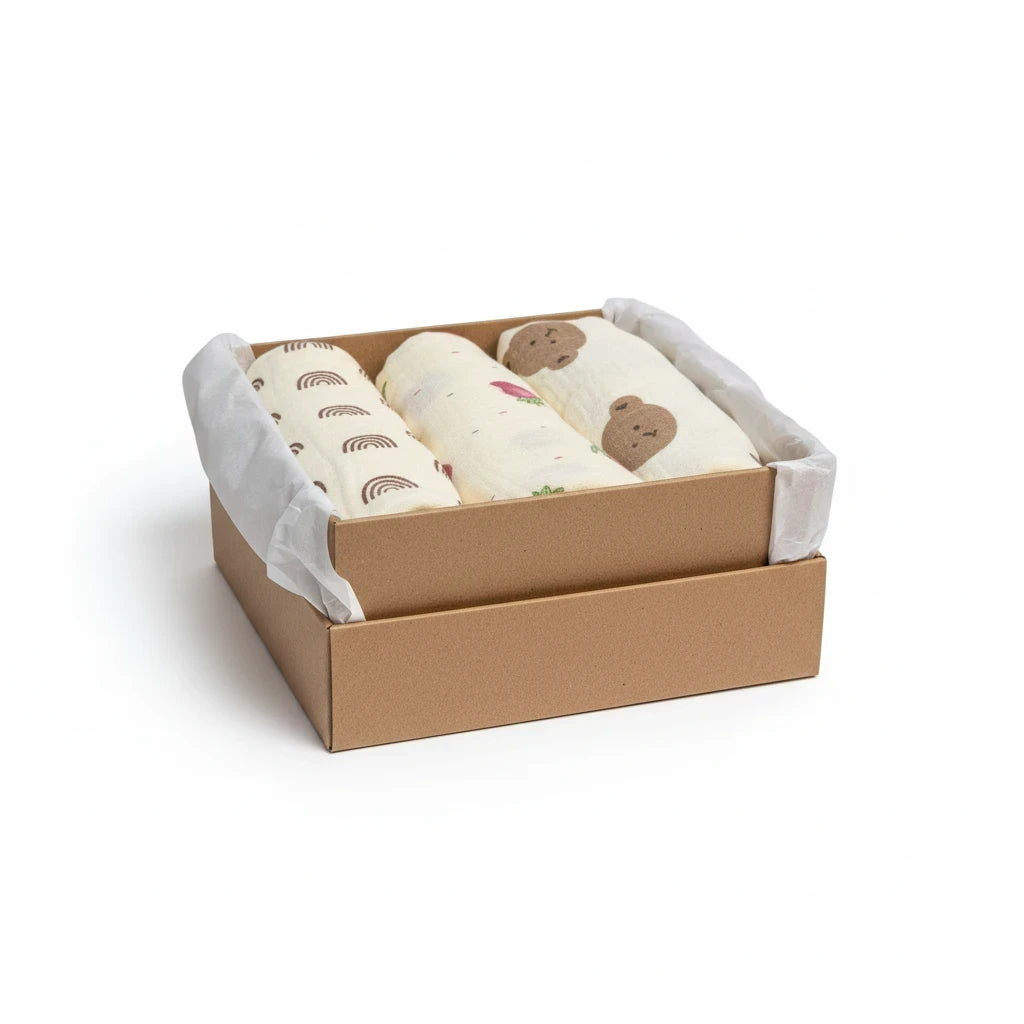 Precious Days Gifts baby muslin gift set featuring three patterned cotton cloths in a kraft box with tissue paper.