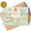 Precious Days Gifts new baby card with gold foil lettering, teddy bear, rocking horse, pram, booties, and floral design.