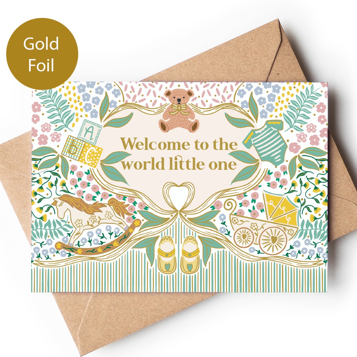 Precious Days Gifts new baby card with gold foil lettering, teddy bear, rocking horse, pram, booties, and floral design.