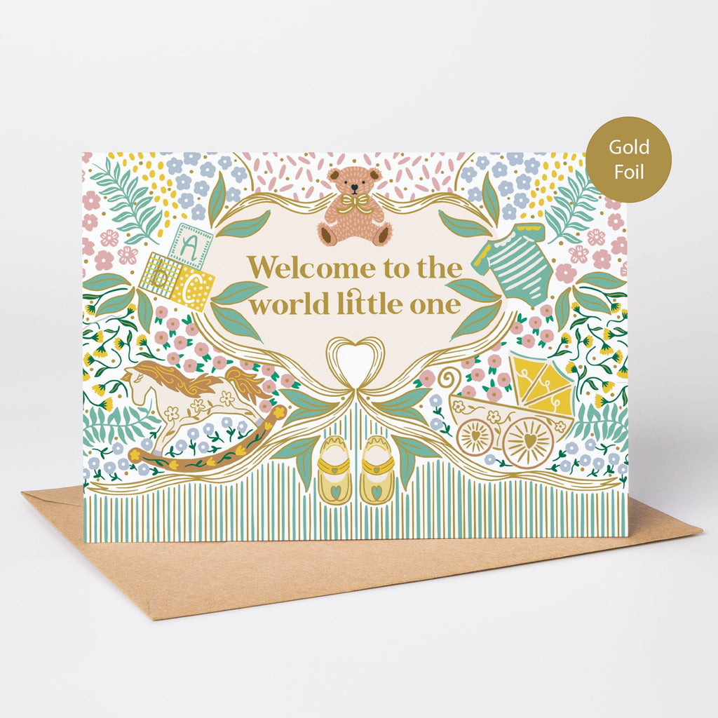 Precious Days Gifts new baby card with folk-inspired illustrations, gold foil lettering, and floral details.