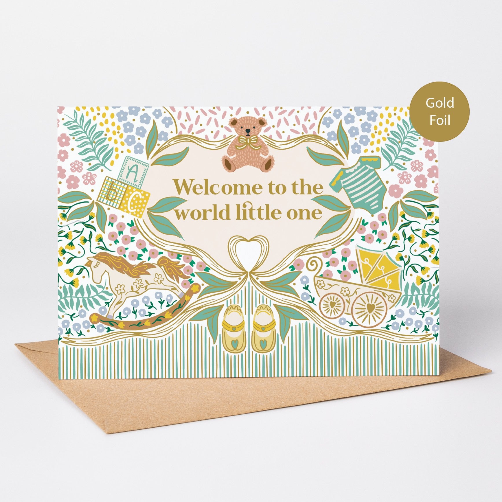 Precious Days Gifts new baby card with folk-inspired illustrations, gold foil lettering, and floral details.