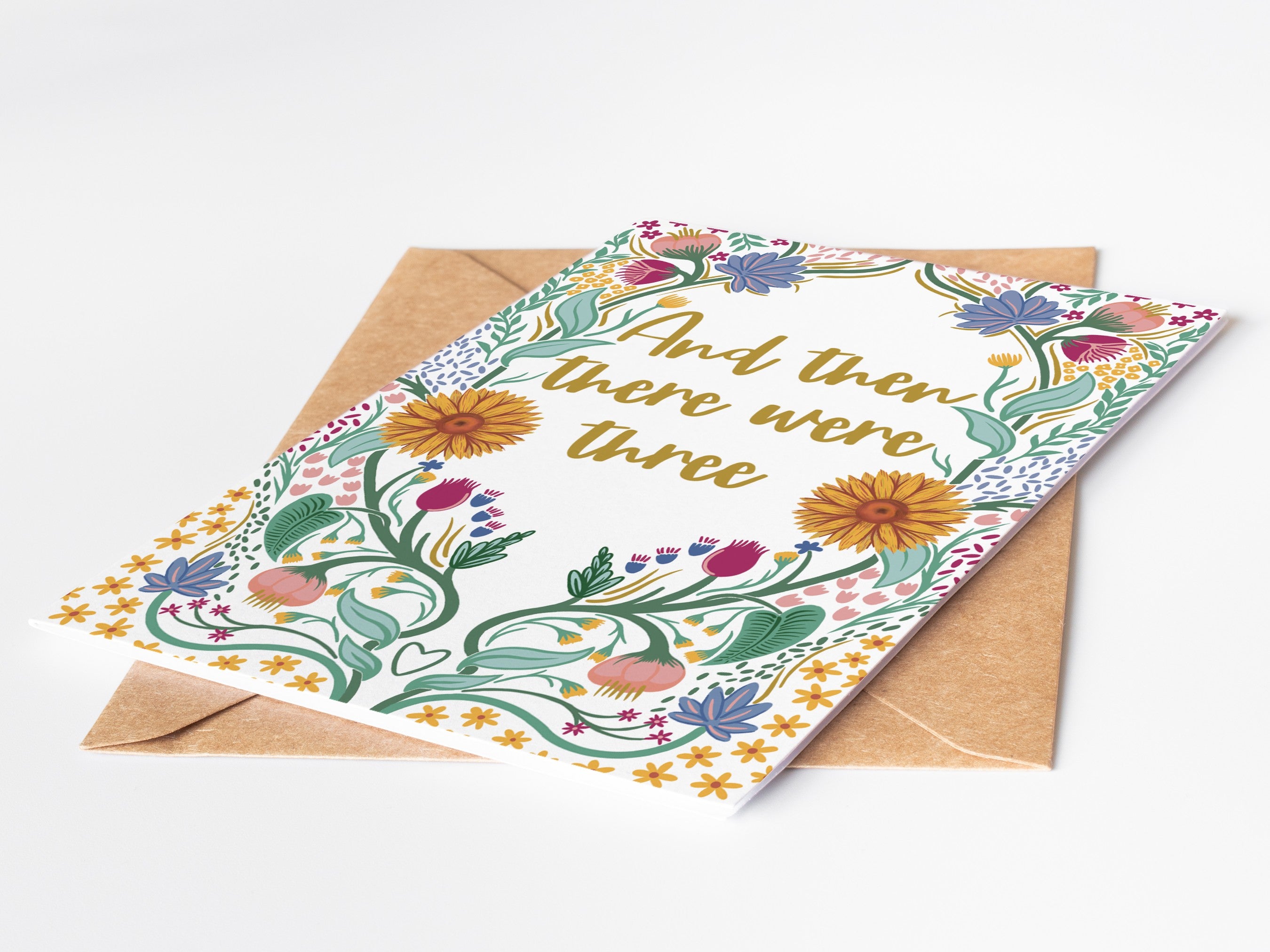 Precious Days Gifts new baby card with floral design and gold foil text "And then there were three".