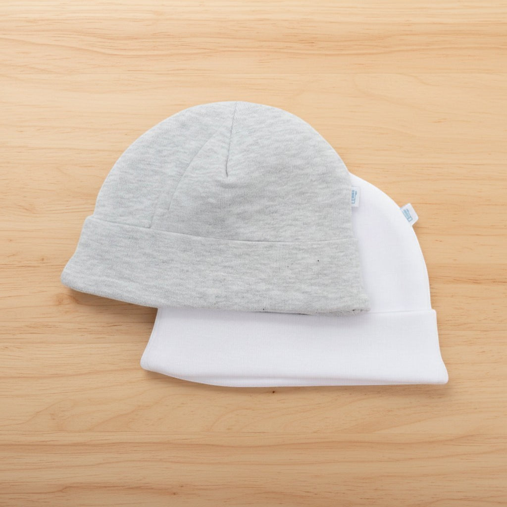 Precious Days Gifts set of two soft newborn baby hats in grey and white, perfect for everyday wear.