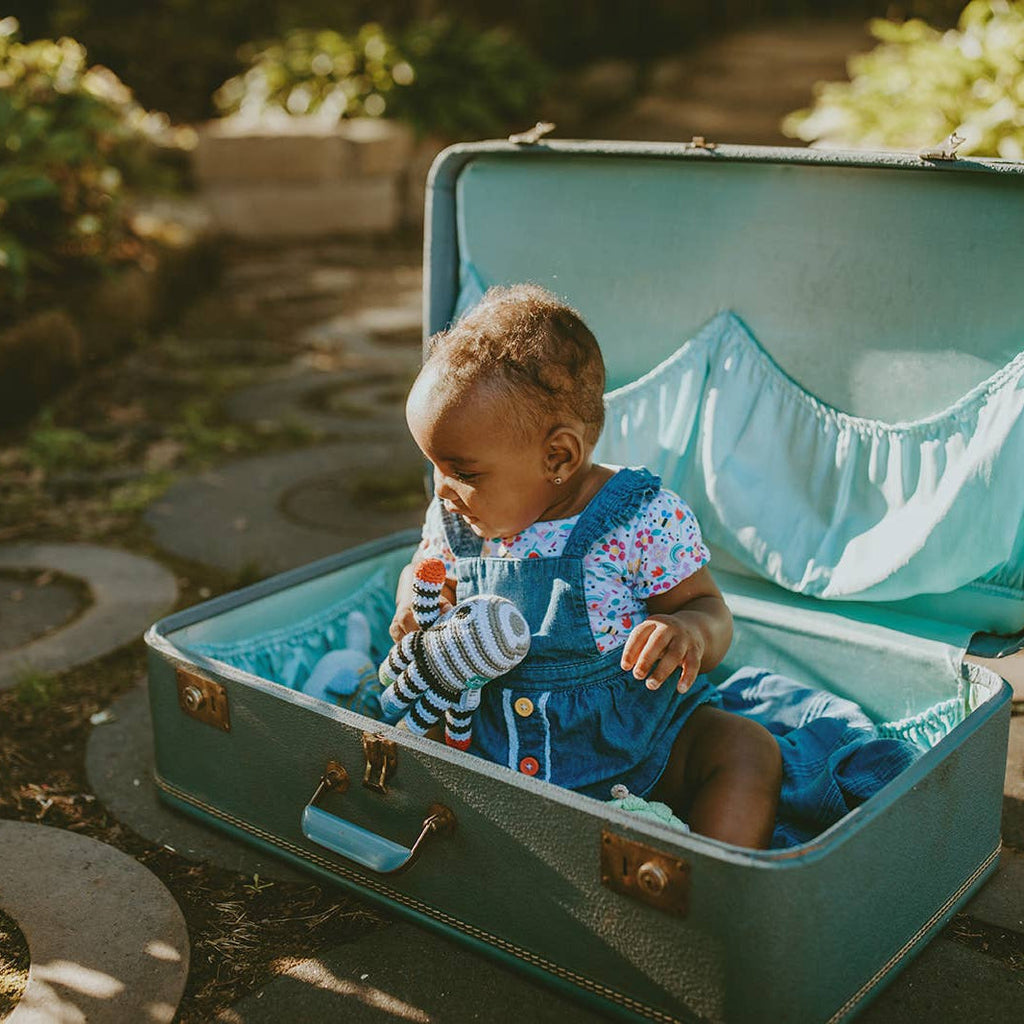 Precious Days Gifts black and white octopus rattle held by a baby sitting in a vintage suitcase outdoors.