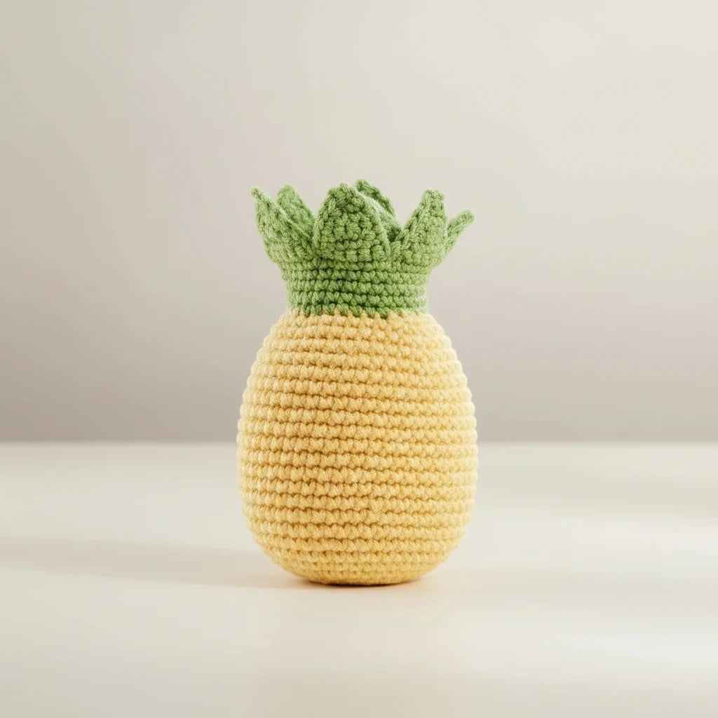 Precious Days Gifts yellow crocheted pineapple rattle with green leaves. 100% cotton, fair trade toy.