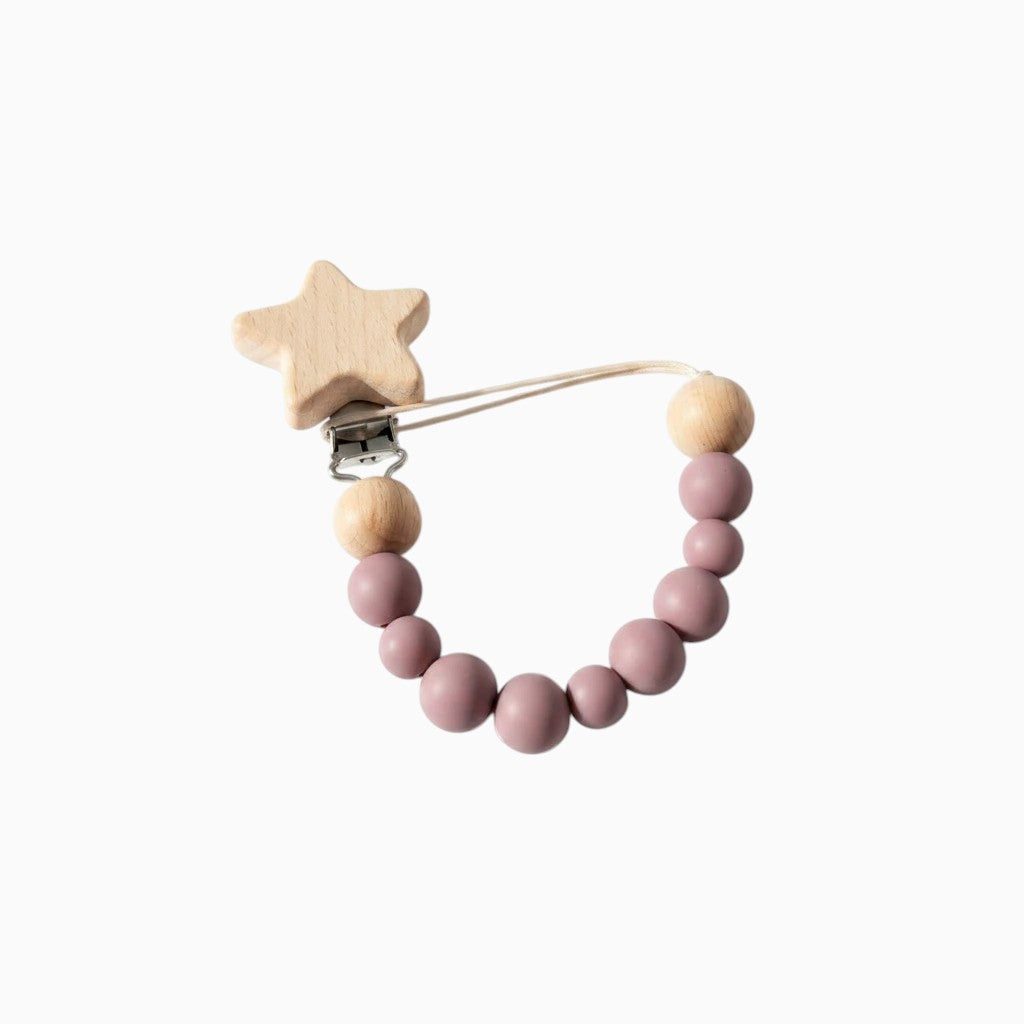 Precious Days Gifts pink silicone and wooden star dummy clip with a secure metal fastener