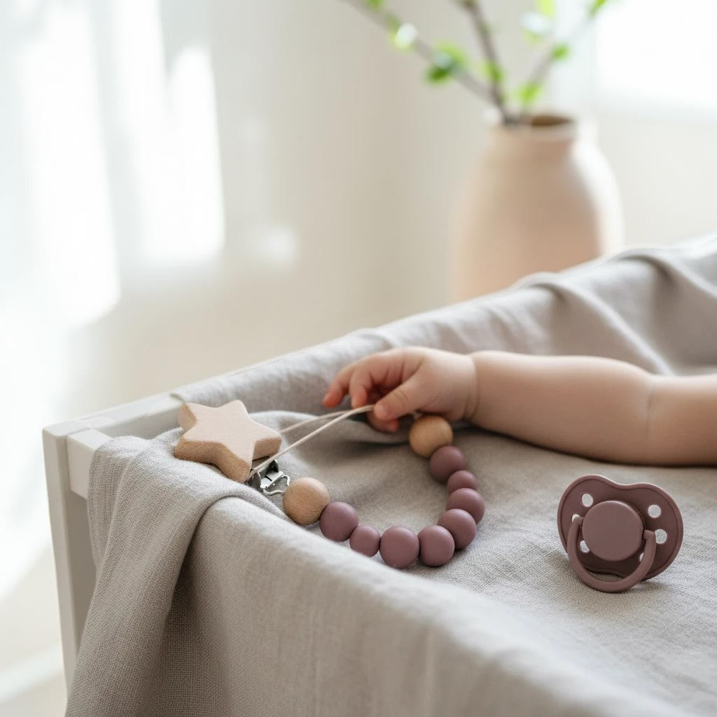 Precious Days Gifts pink star dummy clip with silicone and wooden beads resting on a soft grey fabric surface