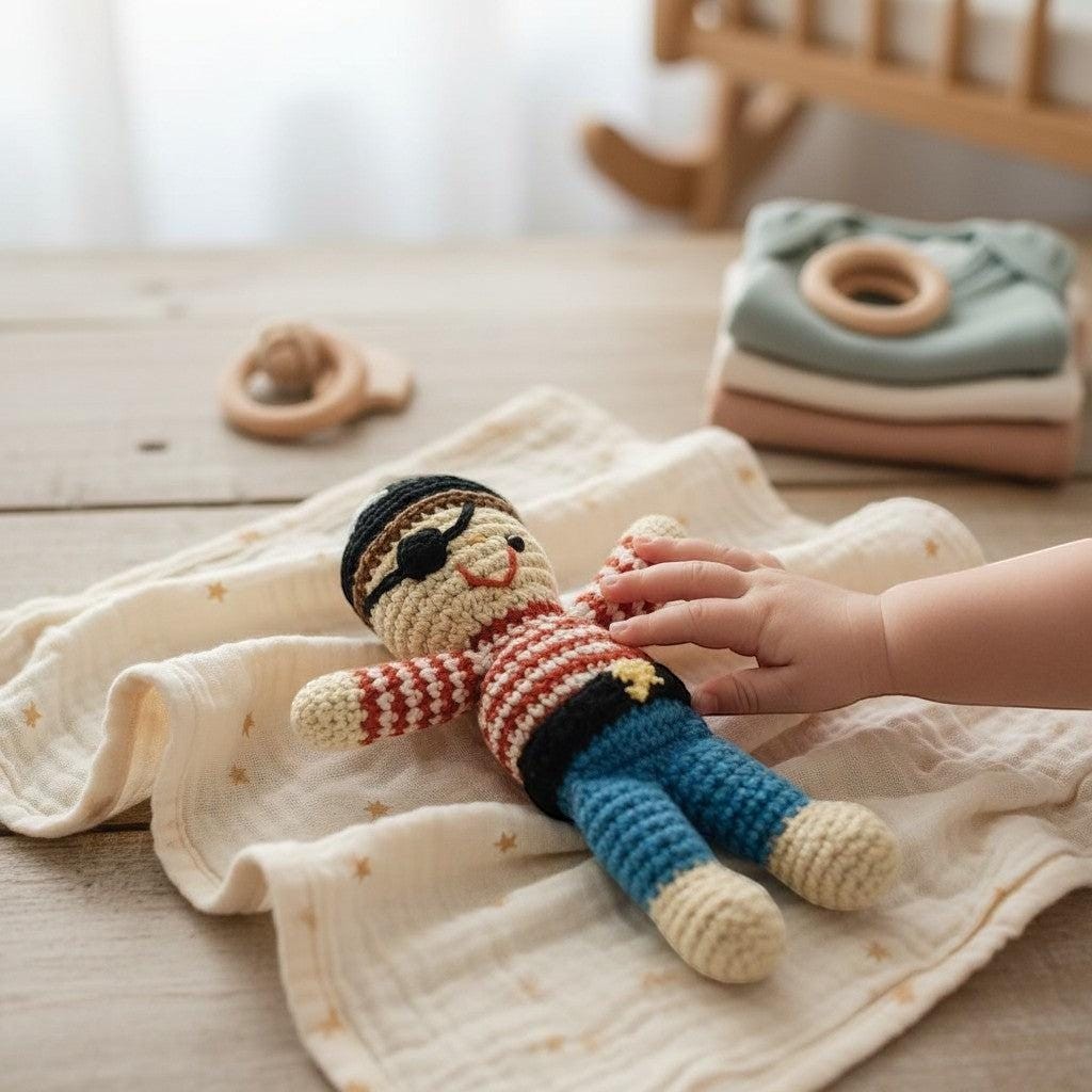 Precious Days Gifts handmade crochet pirate rattle with red and white striped shirt, blue jeans, and eye patch.