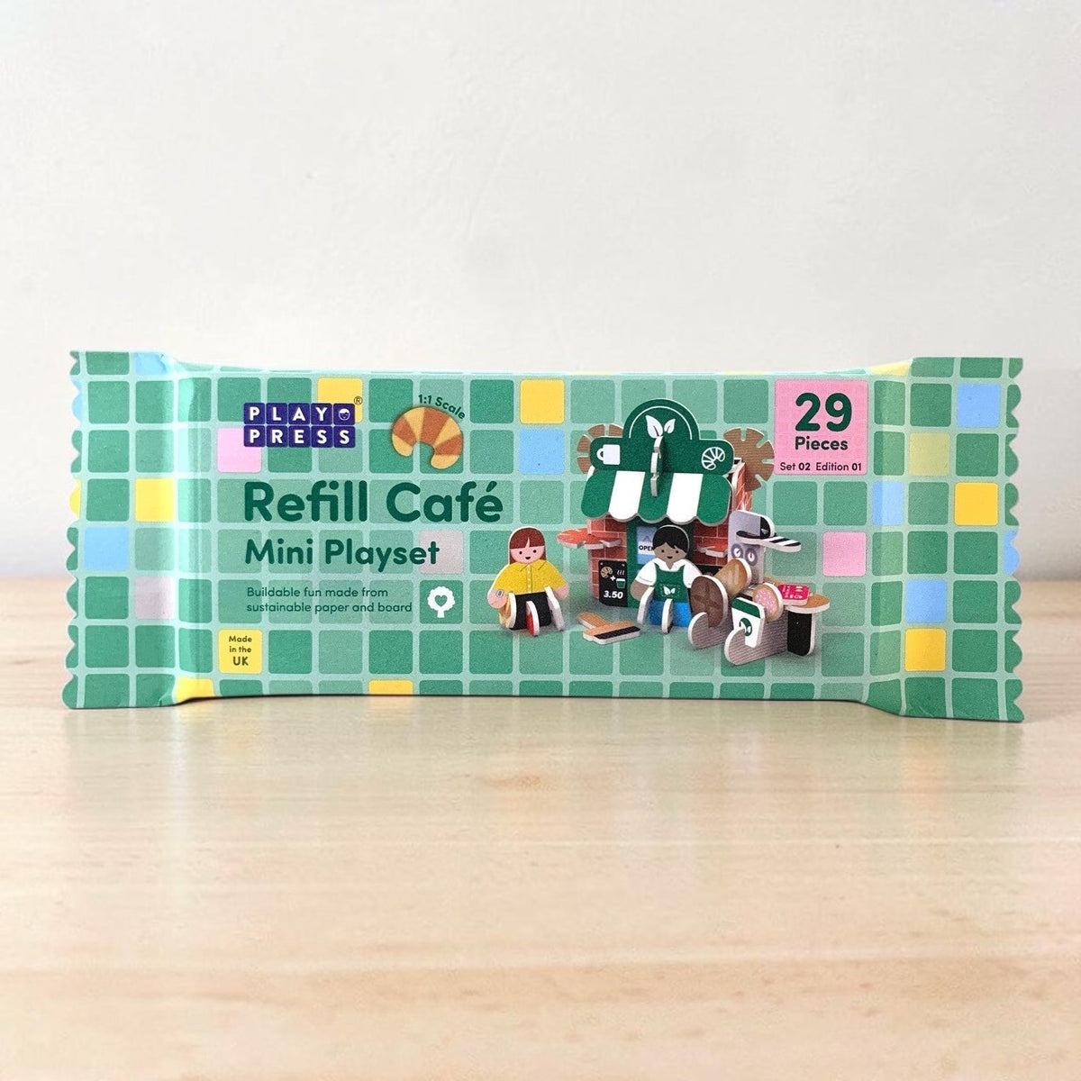 Precious Days Gifts Play Press Toys Refill Cafe Mini Playset in green packaging with 29 sustainable board pieces