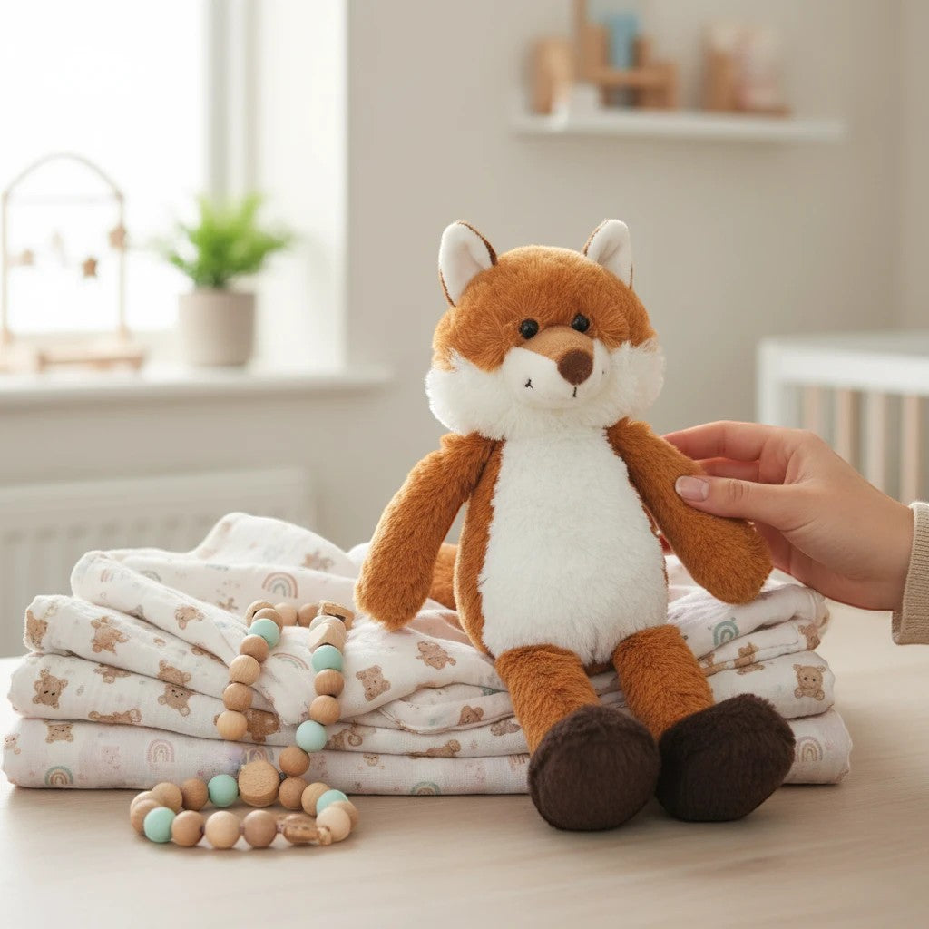 Precious Days Gifts soft plush fox toy sitting on a stack of baby blankets with a wooden bead teether