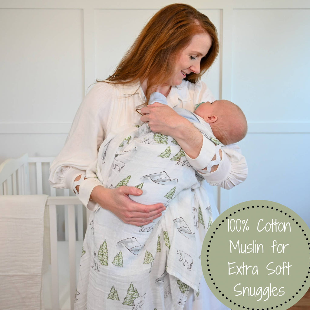 Precious Days Gifts muslin swaddle blanket with polar bear print wrapped around a baby held by a smiling mother