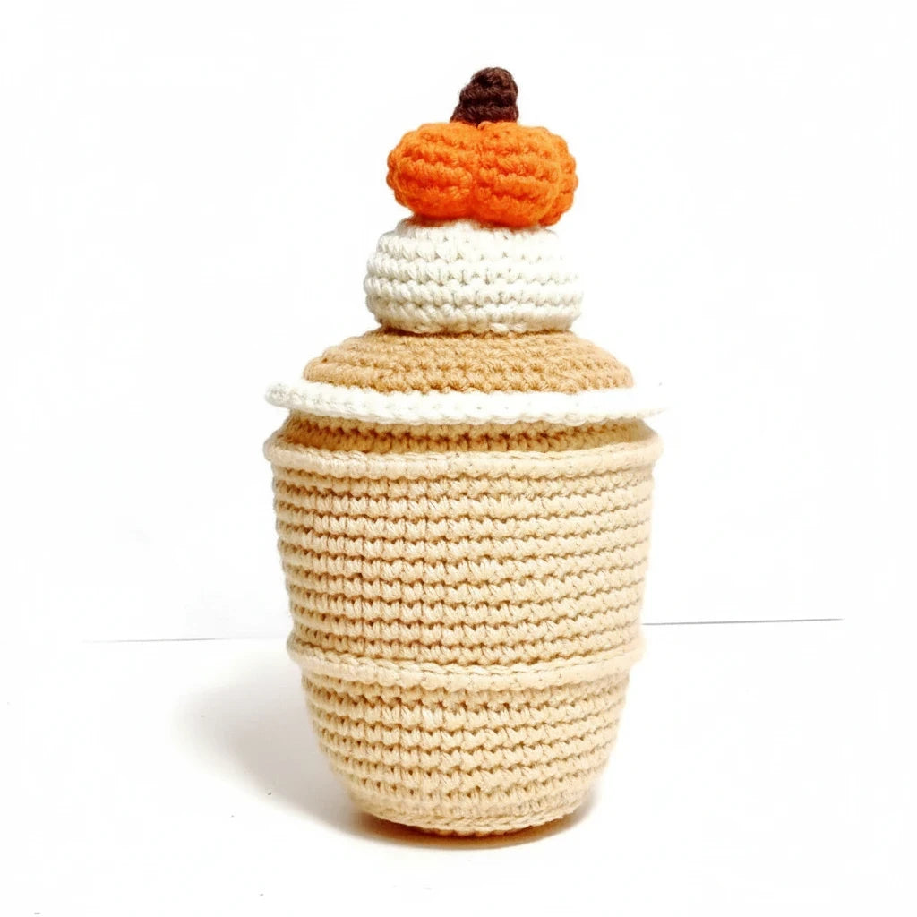 Precious Days Gifts handmade crochet pumpkin spice latte baby rattle with a cute orange pumpkin topper.
