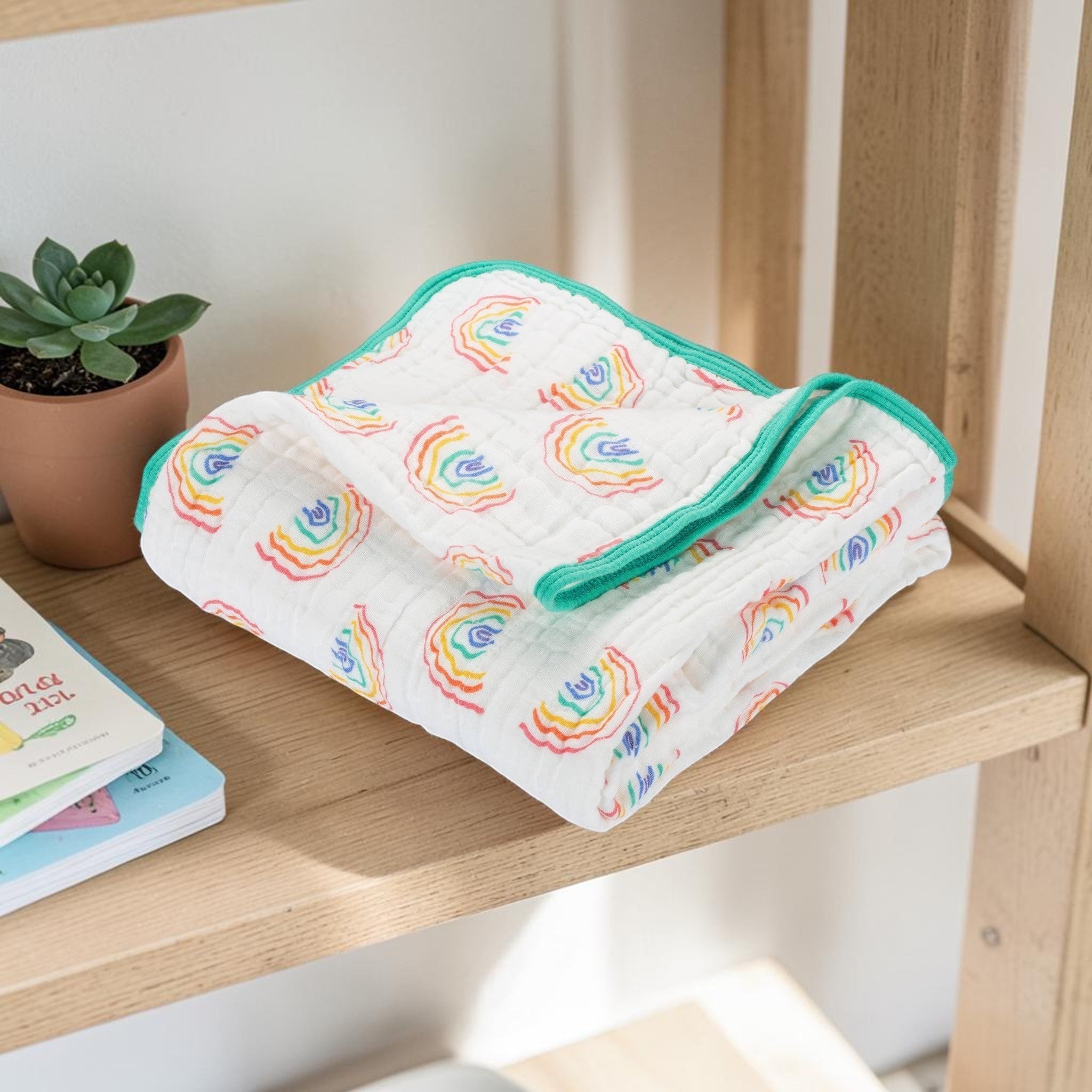 Precious Days Gifts 6-layer muslin quilt with a hand-drawn rainbow pattern and teal trim. 120x120cm.