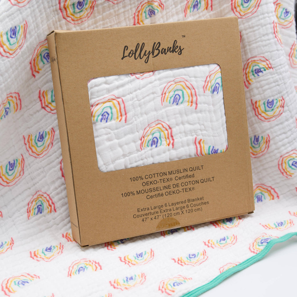 Precious Days Gifts 6-layer 100% cotton muslin quilt with a hand-drawn rainbow pattern in pastel colors. 120x120cm.