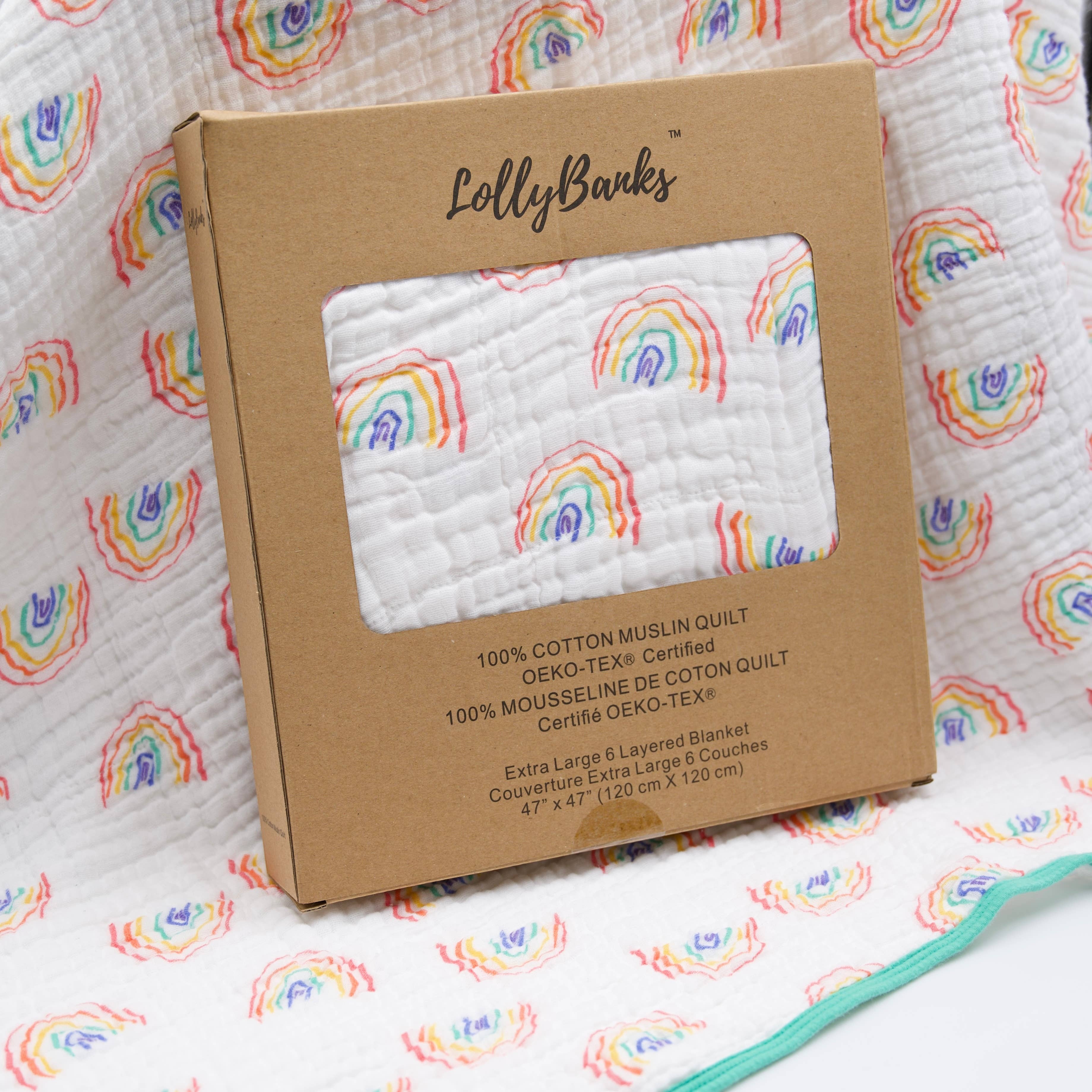 Precious Days Gifts 6-layer 100% cotton muslin quilt with a hand-drawn rainbow pattern in pastel colors. 120x120cm.