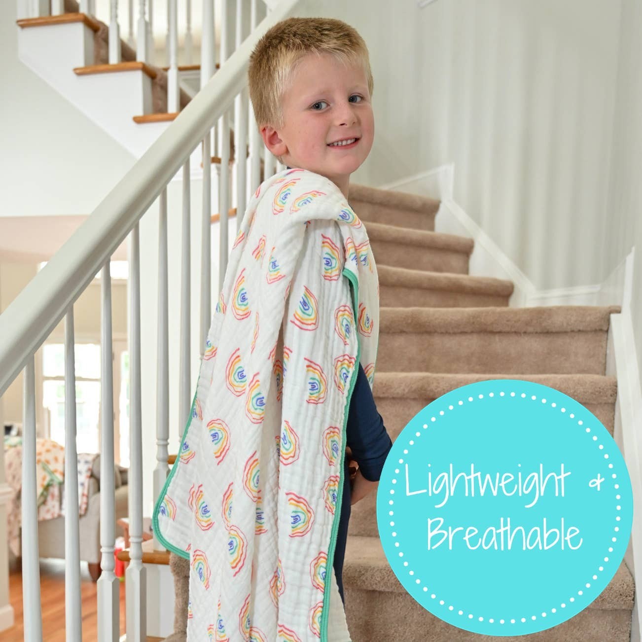 Precious Days Gifts 6-layer muslin quilt with a hand-drawn rainbow pattern, 120x120cm, lightweight and breathable.