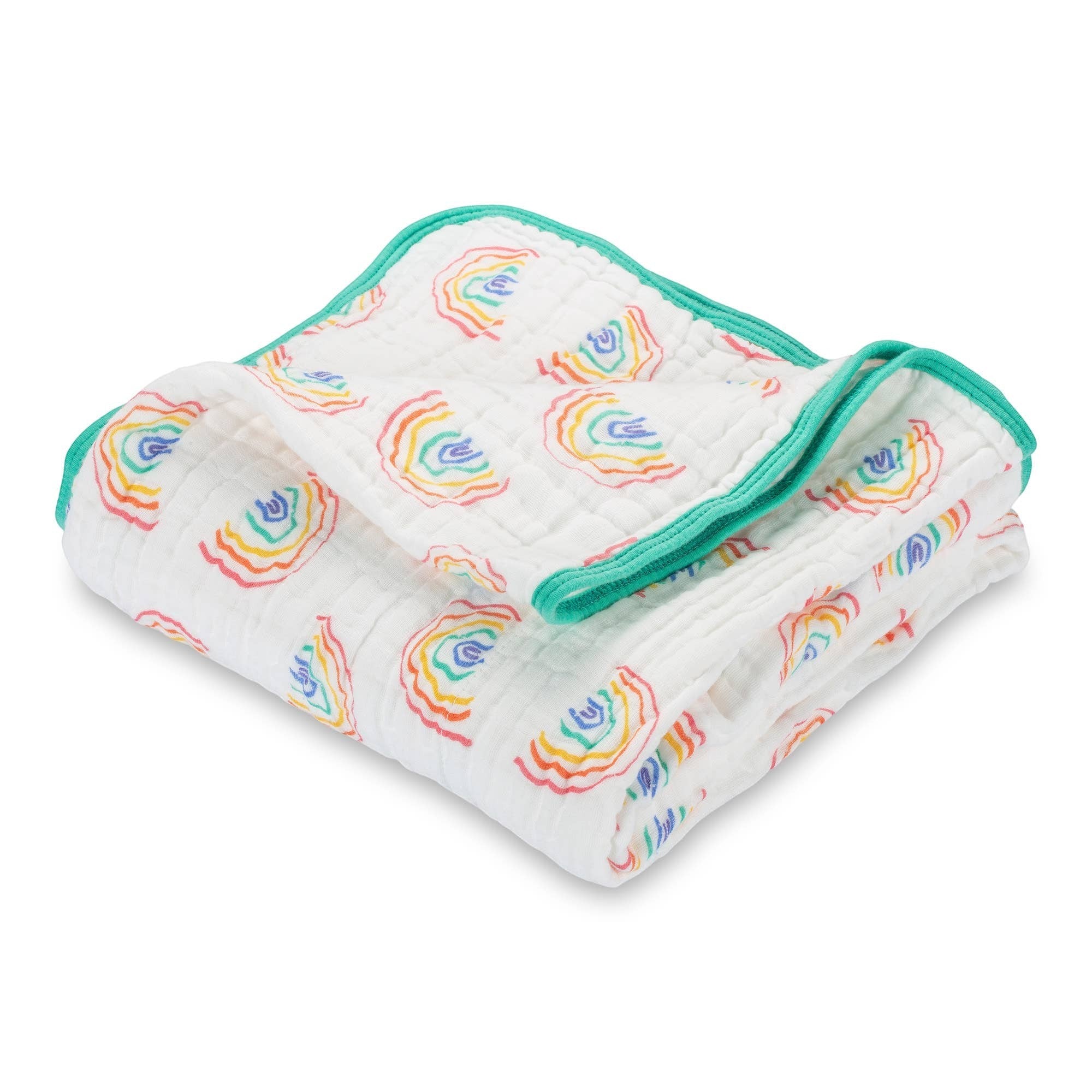 Precious Days Gifts 6-layer 100% cotton muslin quilt with a hand-drawn rainbow pattern and teal trim.
