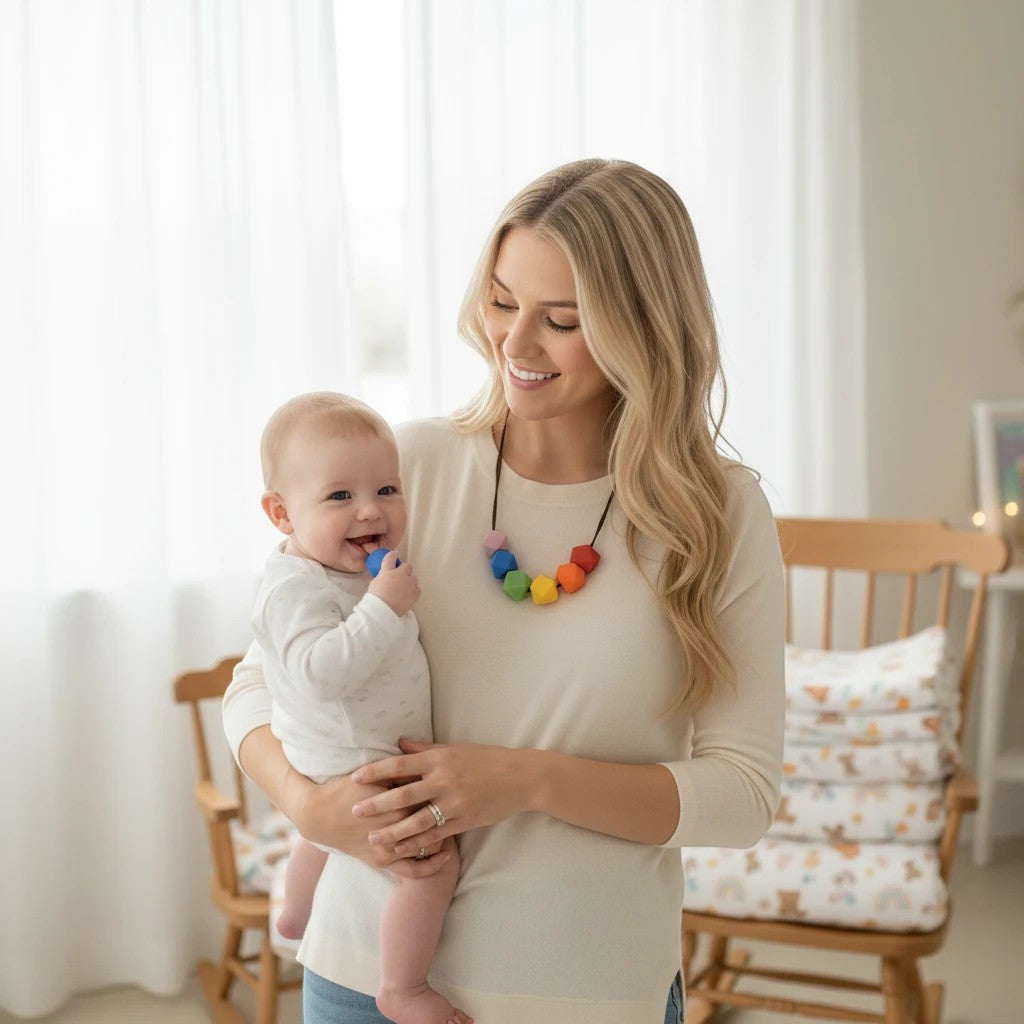 Precious Days Gifts rainbow silicone teething necklace worn by a mother holding her baby. Food-grade, BPA-free beads.