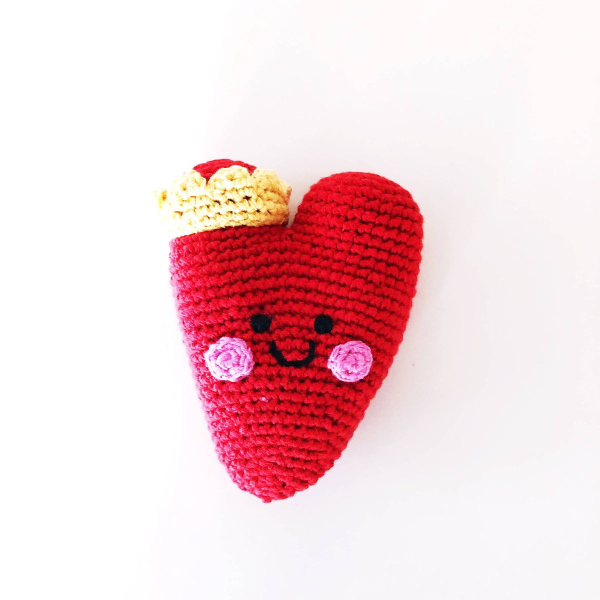 Precious Days Gifts red heart-shaped crochet baby rattle with a small yellow crown and embroidered smiling face.