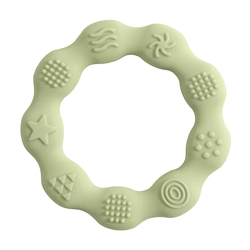 Precious Days Gifts sage green silicone teething ring with various sensory textures for baby relief
