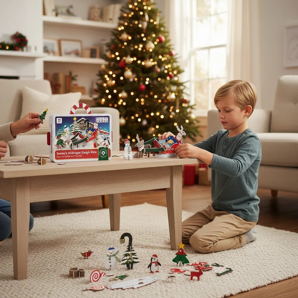 Precious Days Gifts Santa's Midnight Sleigh Ride sustainable cardboard playset being assembled by a young boy
