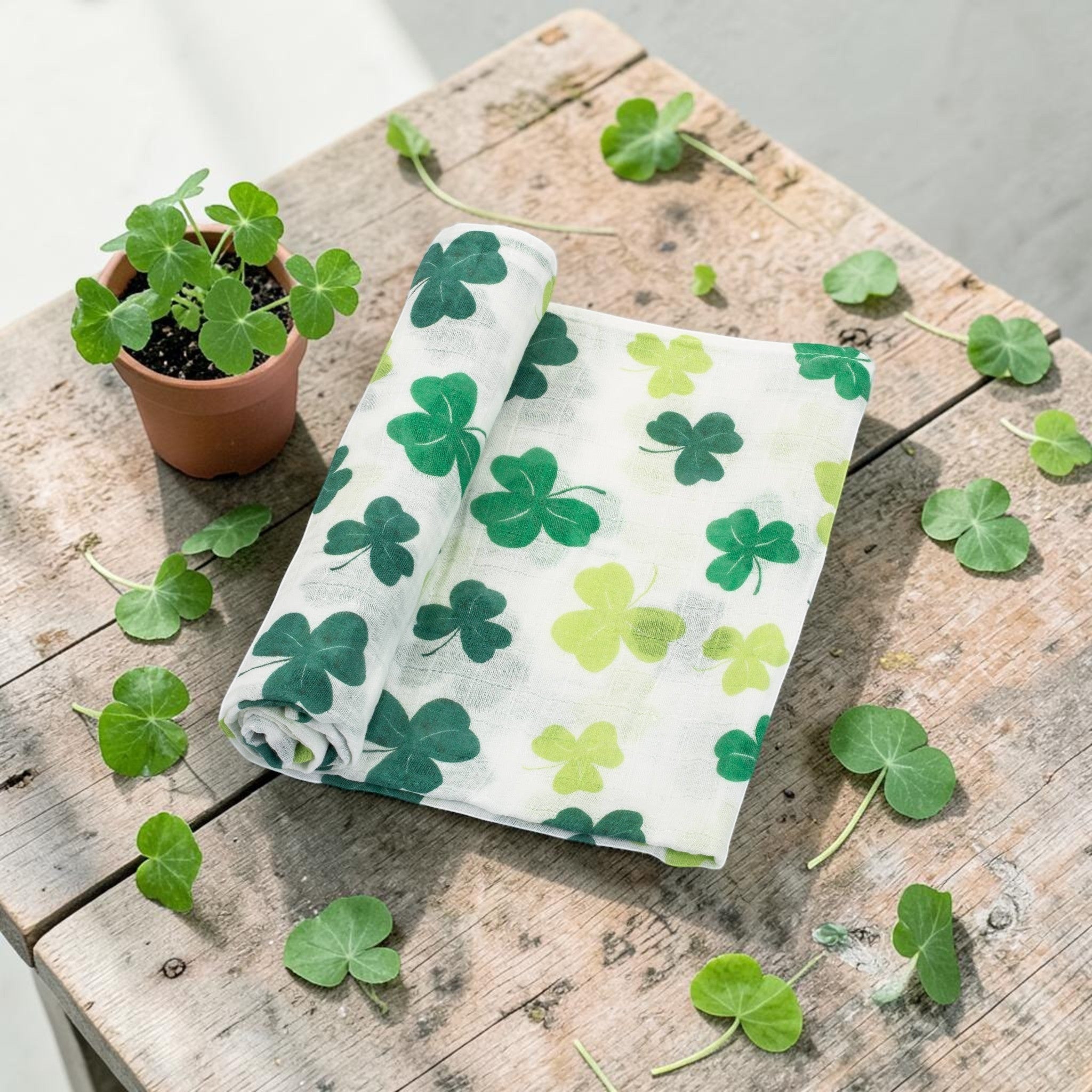 Precious Days Gifts baby muslin swaddle blanket with green shamrock print, 100% cotton, 120x120cm.