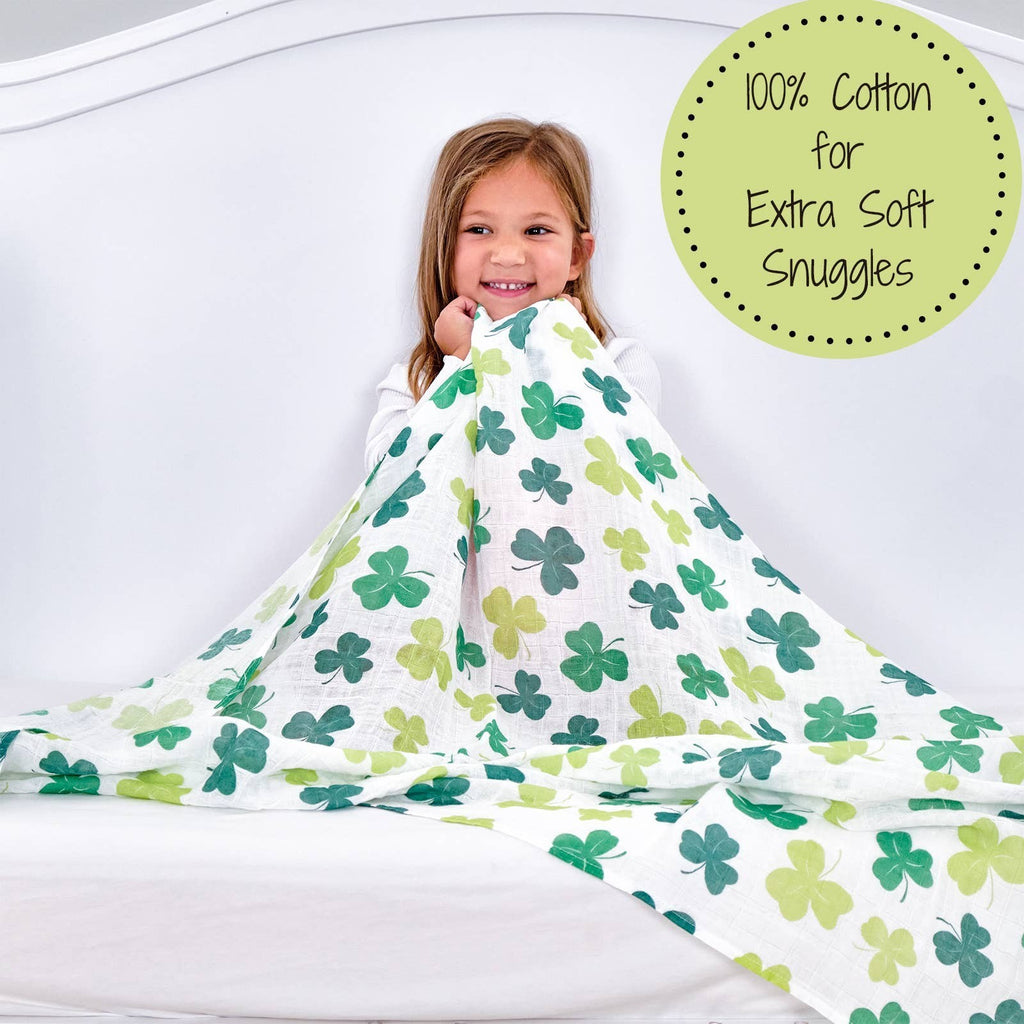 Precious Days Gifts baby muslin swaddle blanket with green shamrock print, 100% cotton, 120 x 120cm.