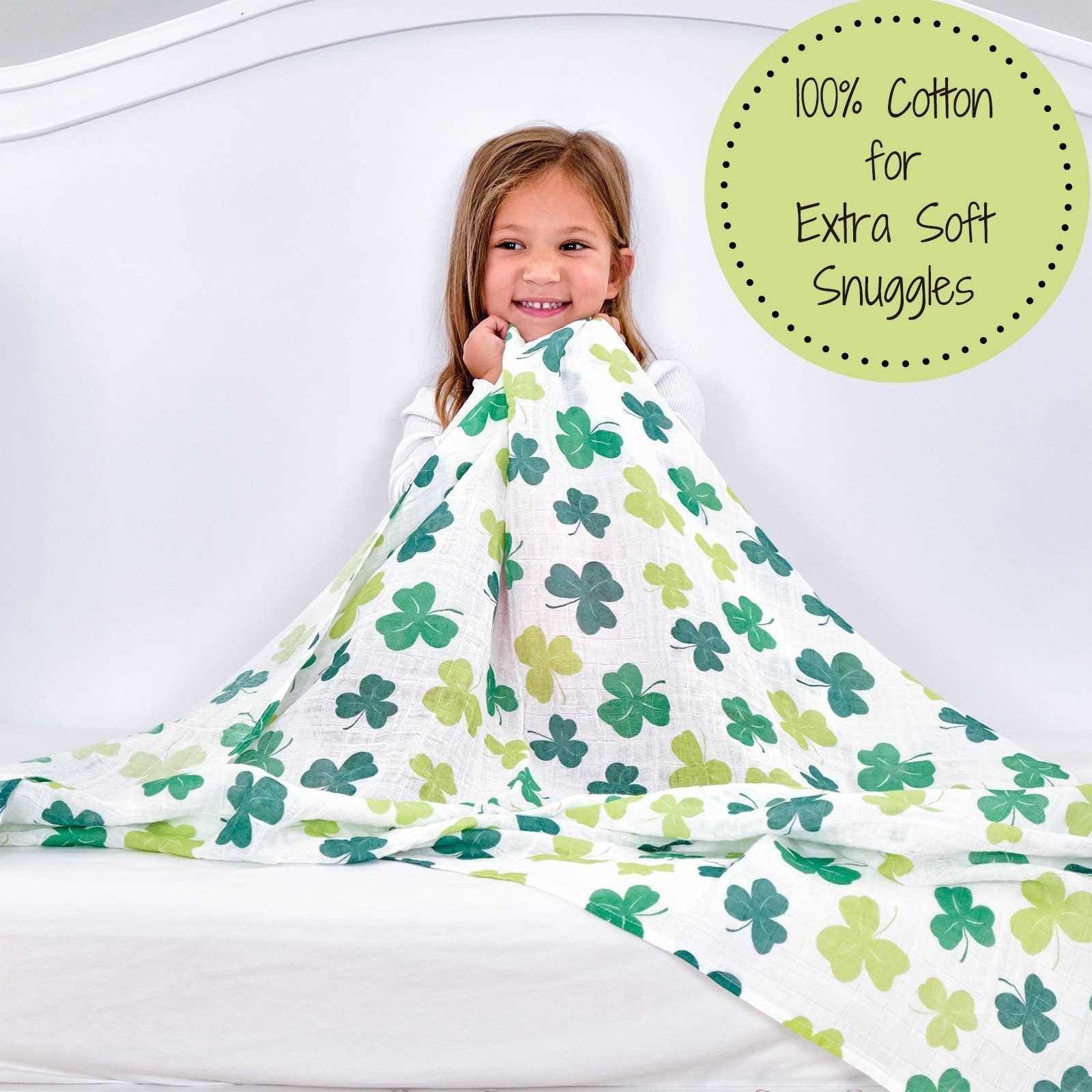 Precious Days Gifts baby muslin swaddle blanket with green shamrock print, 100% cotton, 120 x 120cm.