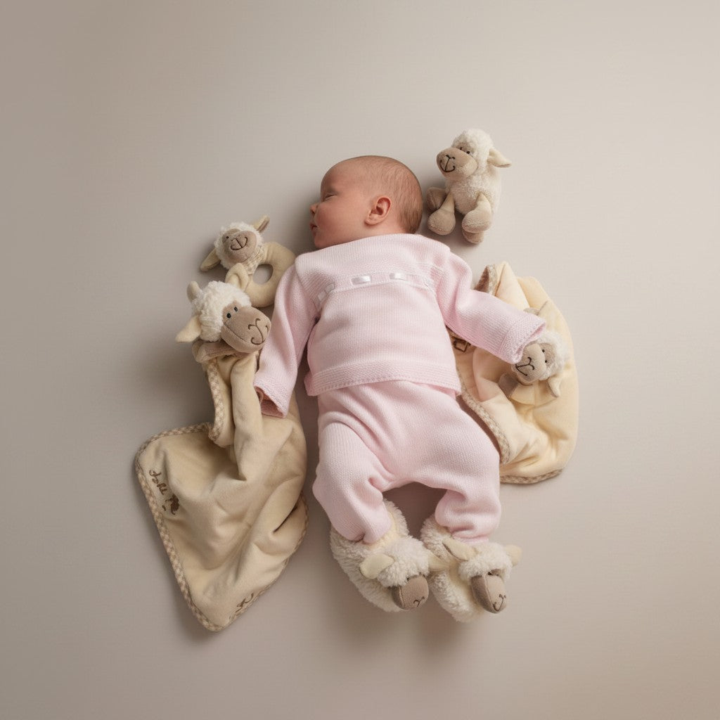 Precious Days Gifts baby wearing pink knit outfit and sheep plush slippers. Includes sheep toy and blanket.