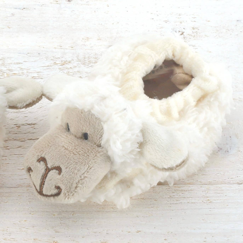 Precious Days Gifts white plush sheep baby slippers, size 0-6 months. Soft and cosy.