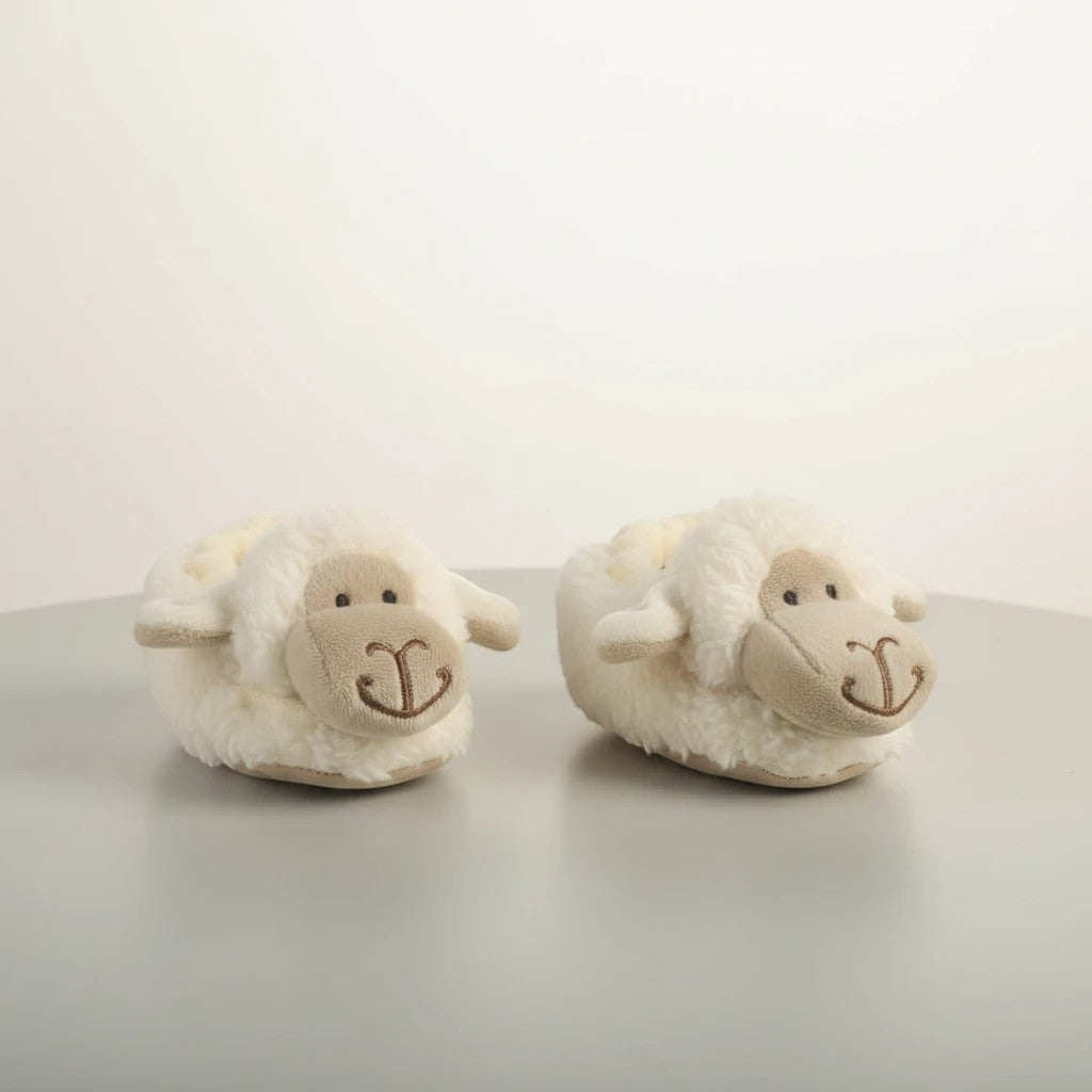 Precious Days Gifts white plush sheep baby slippers, size 0-6 months, with embroidered face details.