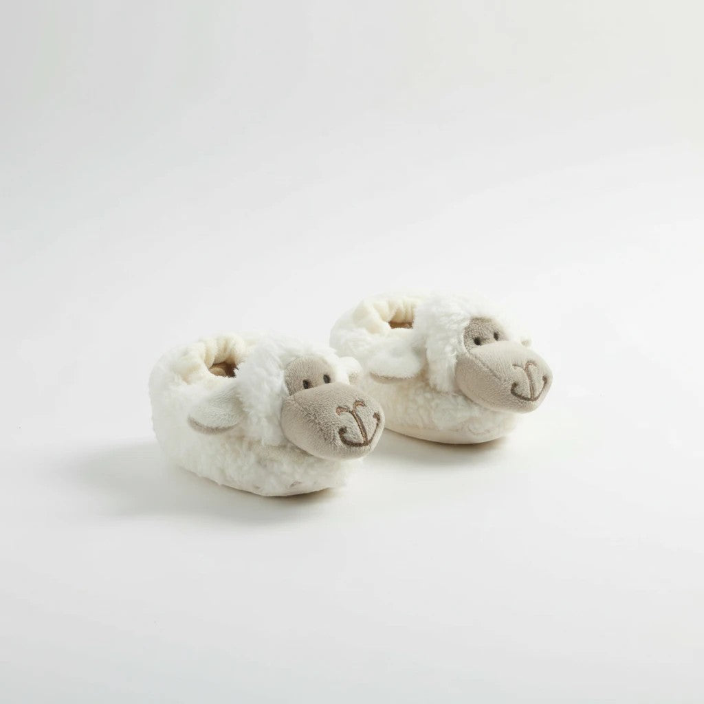 Precious Days Gifts white plush sheep baby slippers, size 0-6 months, soft and machine washable.