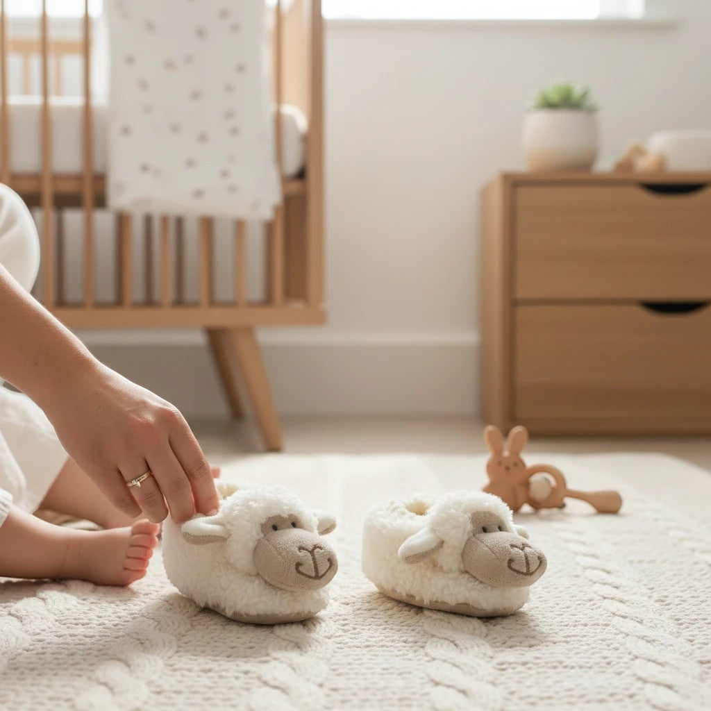 Precious Days Gifts white plush sheep baby slippers, size 0-6 months, soft and cosy for little feet.
