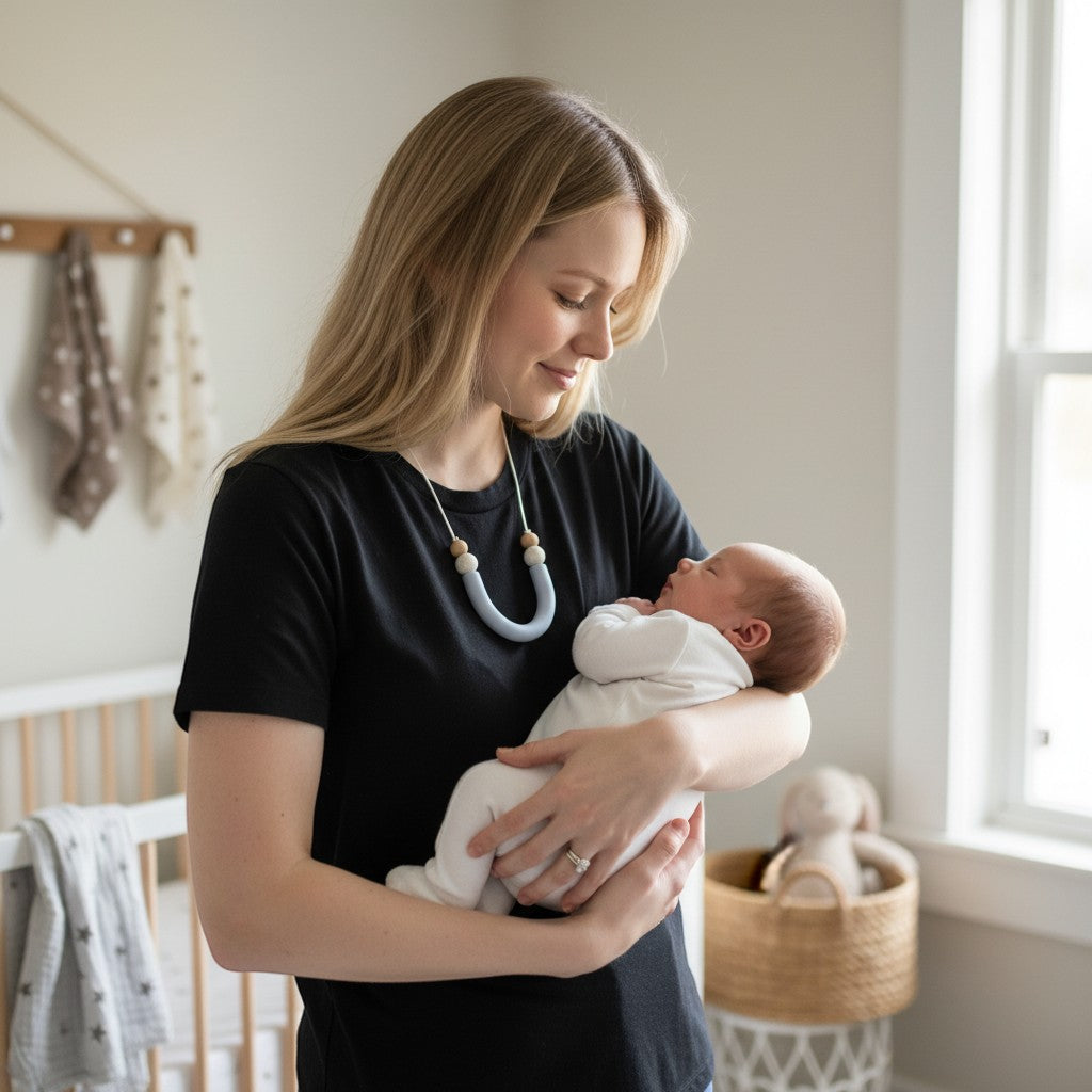 Precious Days Gifts light blue silicone U-shape teething necklace with wooden beads worn by a mother holding her baby.