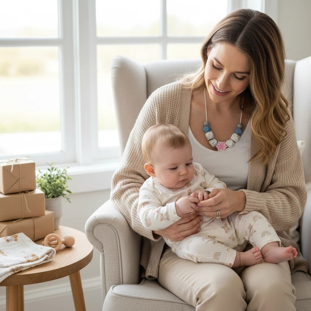 Precious Days Gifts handmade silicone teething necklace with blue, grey, and pink snowflake design for babies.
