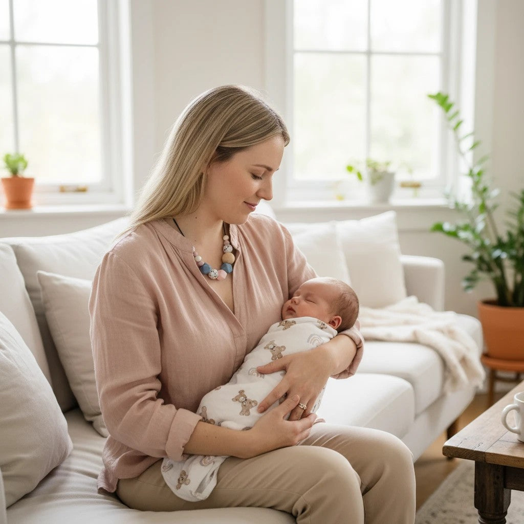 Precious Days Gifts handmade speckled pastel silicone and wood teething necklace worn by a mother holding her baby.