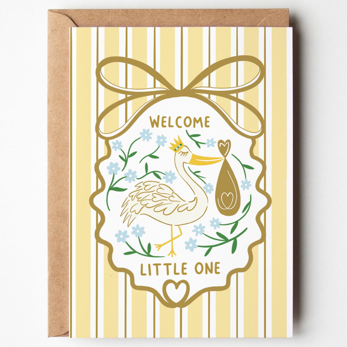 Precious Days Gifts yellow striped new baby card with a stork illustration and gold Welcome Little One lettering.