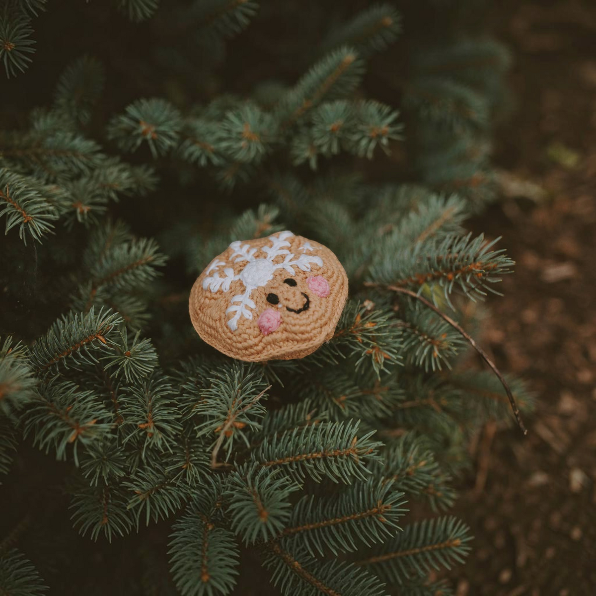 Precious Days Gifts organic cotton sugar cookie baby rattle with snowflake embroidery nestled in a pine tree