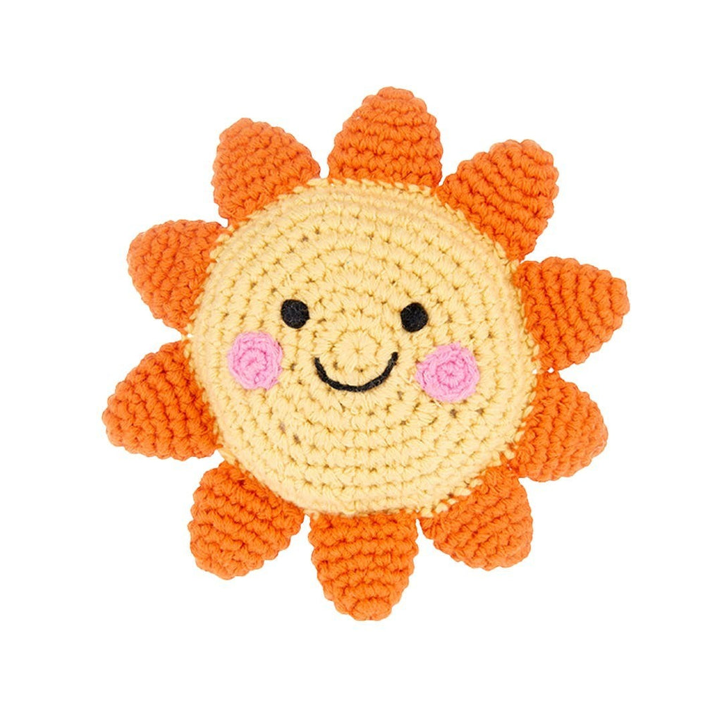 Precious Days Gifts handmade crochet sun rattle in yellow and orange with pink cheeks and black eyes and smile.