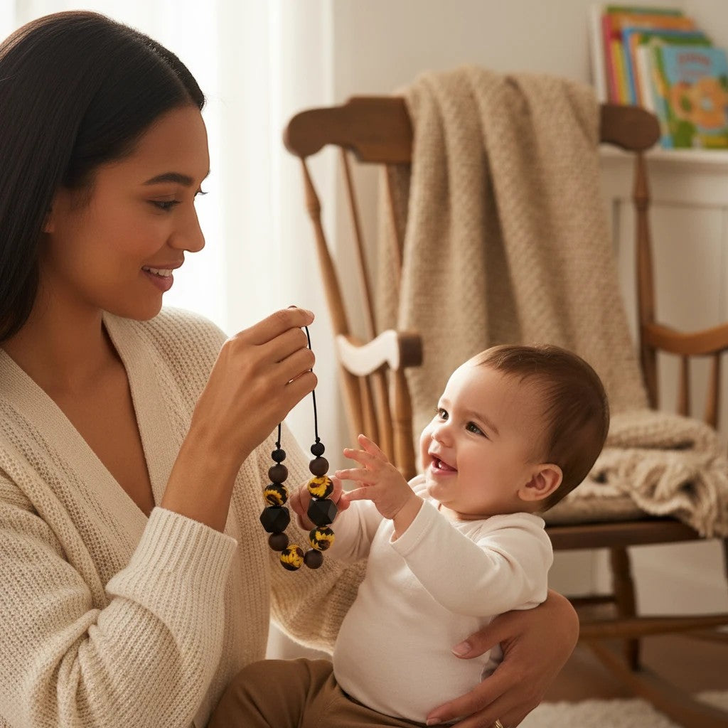 Precious Days Gifts sunflower silicone teething necklace worn by a mother to distract her baby during feeding.
